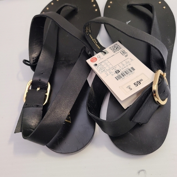ZARA FLAT LEATHER SLIDER SANDALS WITH MICRO-STUDS BLACK SIZE 6.5 | 2620/110 - Picture 7 of 10